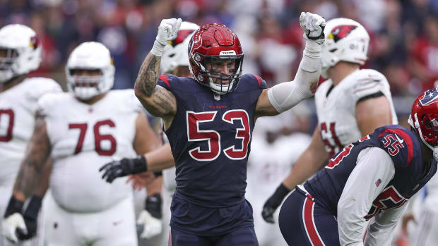 Nov 19, 2023; Houston, Texas, USA; Houston Texans linebacker Blake Cashman (53) reacts after a play during the game against the Arizona Cardinals at NRG Stadium.